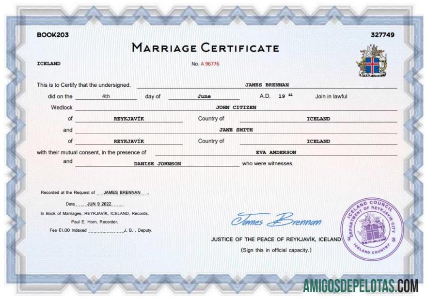 Imprimível modelo Word e PDF de certidão de casamento na Islândia